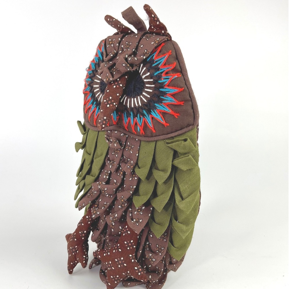 Vintage Handmade Owl Oven Mitt Potholder Brown Green Folk Art Embroidered Retro